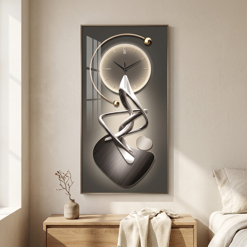 Abstract art-panel wall clock with protective face used as a single statement piece on a living room wall