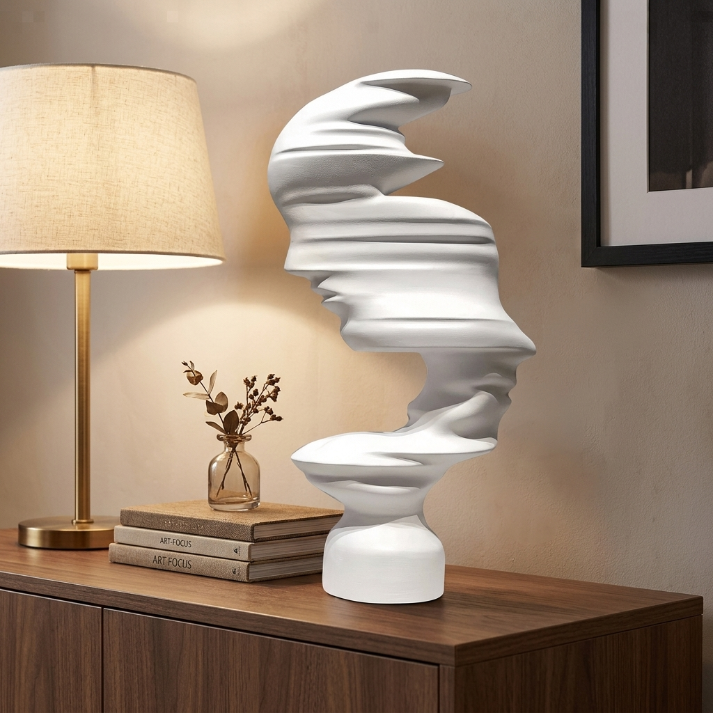 Styled TV media console with an abstract sculpture and vase grouped beside the screen