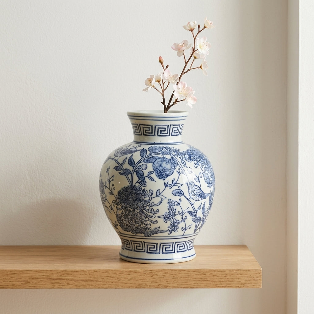 Chinoiserie floral ceramic vase in a glazed baluster form, styled with a full stem arrangement