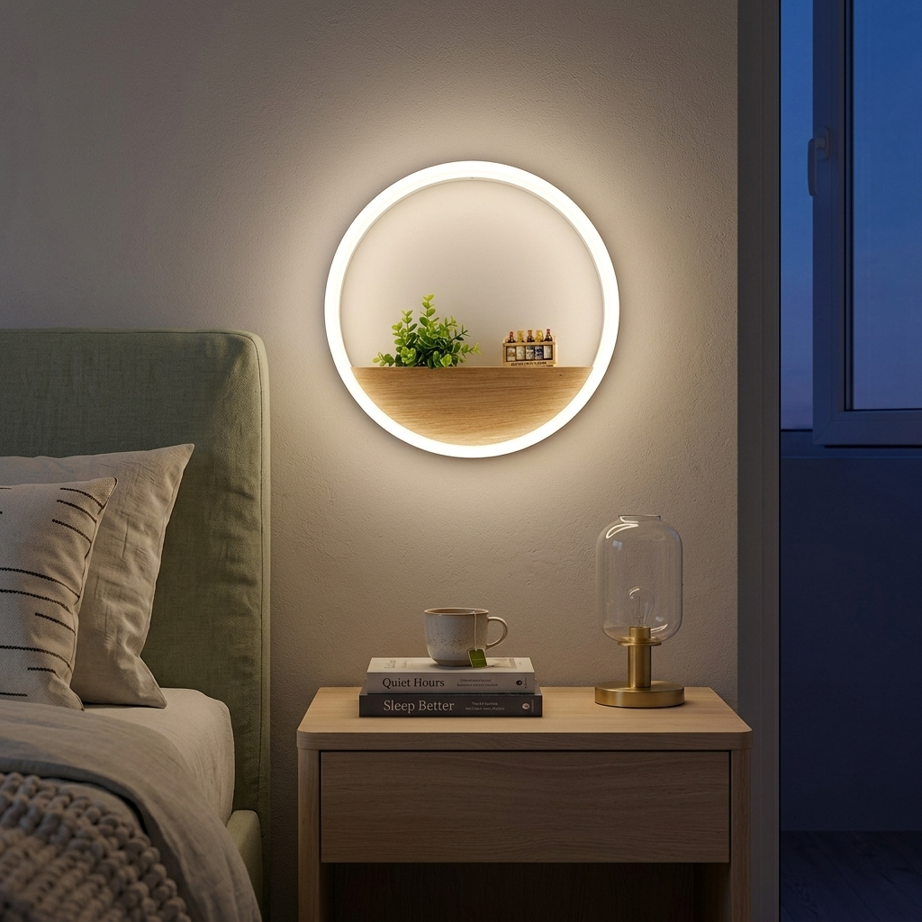LED ring wall sconce with built-in wooden shelf beside a bed, freeing the nightstand surface