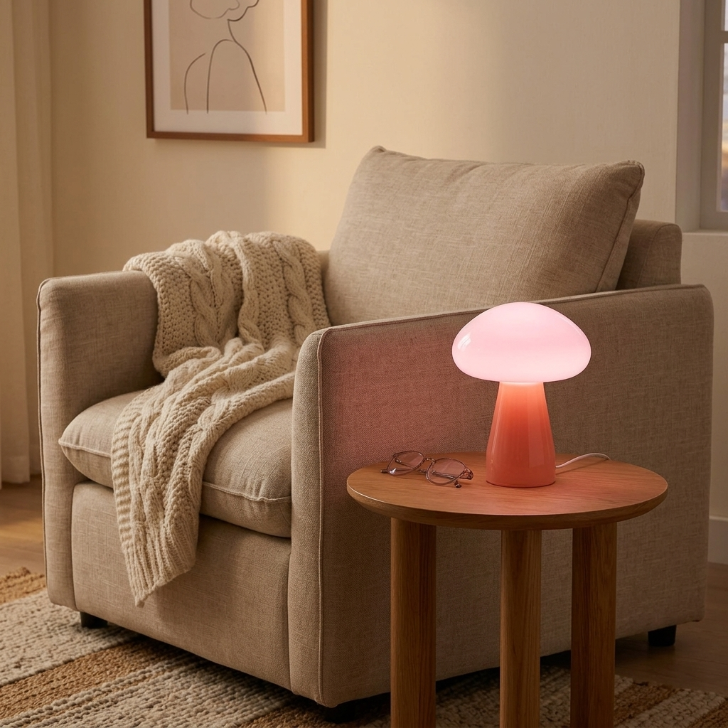 Glass mushroom bedside table lamp with dimmable USB night light on a nightstand