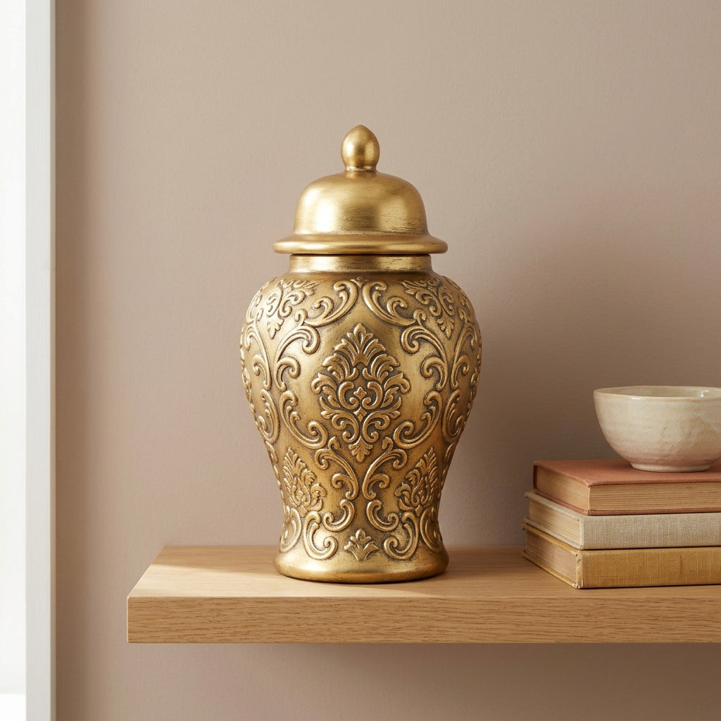 Gold antique-finish embossed ginger jar vase styled on a mantel shelf as a single confident anchor object