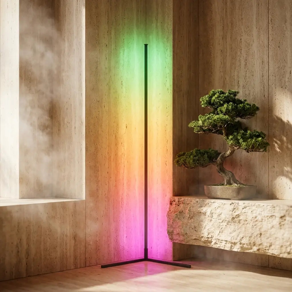60-inch RGB corner floor lamp washing a bedroom corner in color-changing light