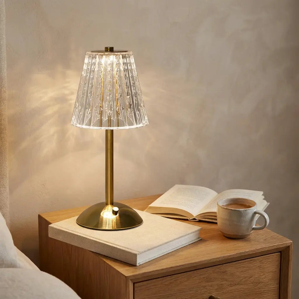 Crystal USB rechargeable bedside lamp with touch dimming on a nightstand