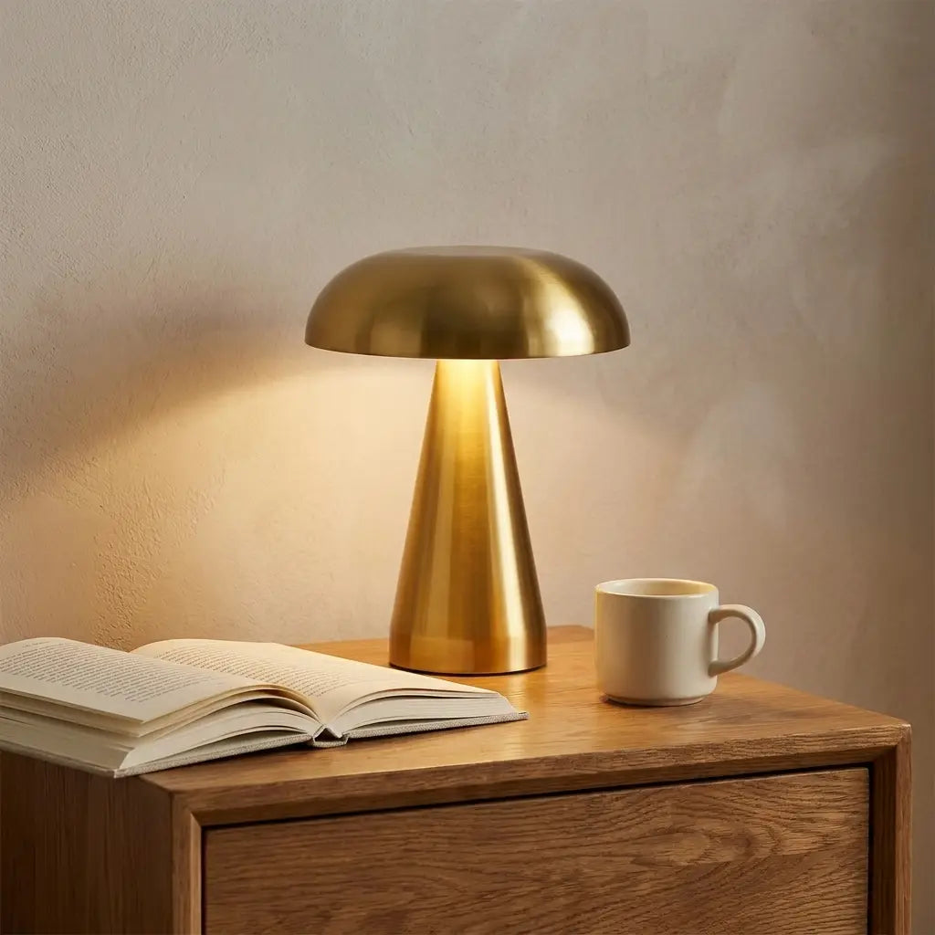 Retro mushroom table lamp with mid-century curved shade and cordless touch dimming base
