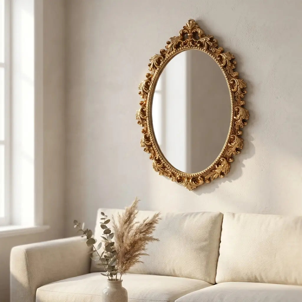Gold oval vintage wall mirror styled above a console table as a warm-toned alternative to a full sunburst frame