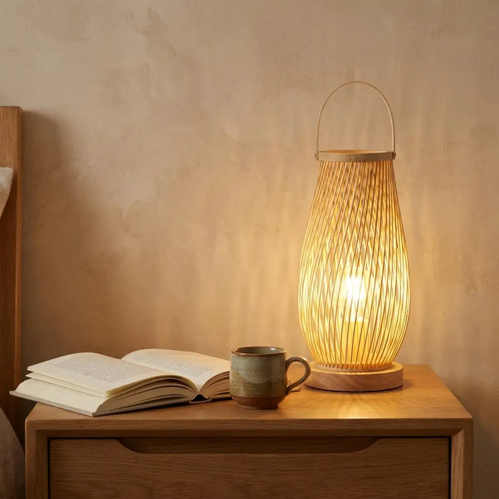 Warm minimalist interior with a ceramic-look table lamp casting soft amber light over neutral, natural-material decor