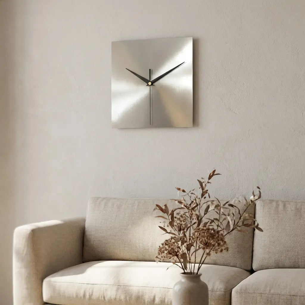 Brushed stainless steel wall clock with an anti-glare glass face, mounted in a kitchen at readable height