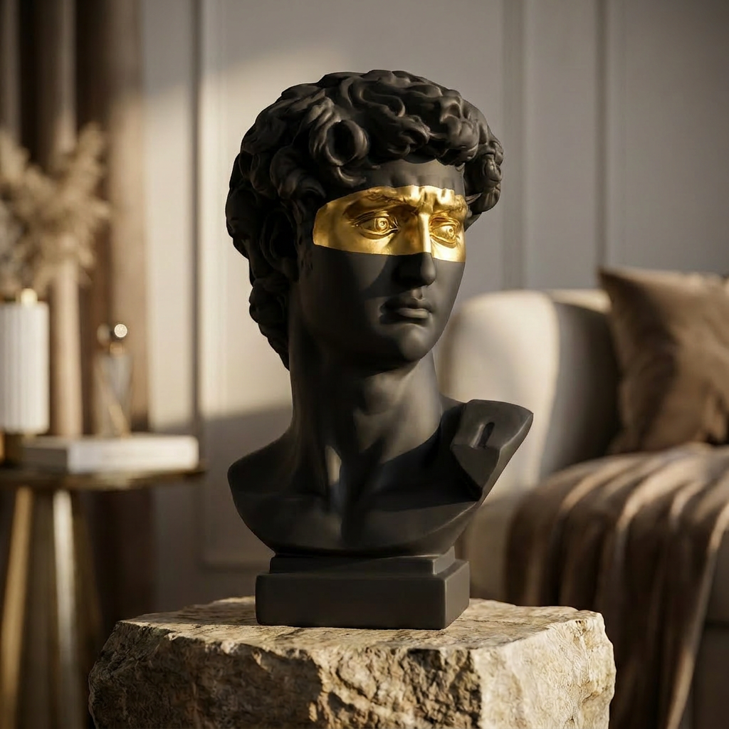 David Head resin bust sculpture used as a weighted bookshelf end stop beside a partial row of books