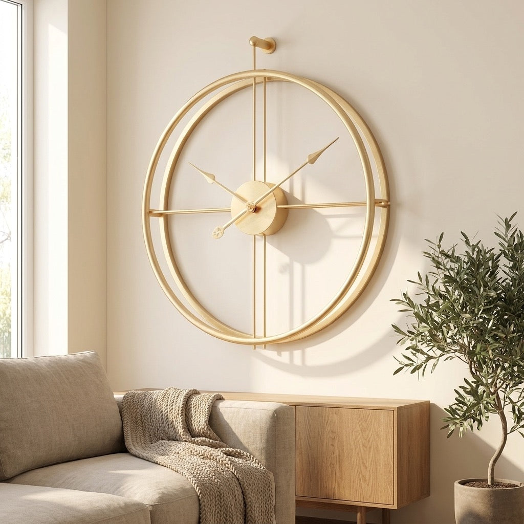 Oversized open double-ring gold-tone wall clock, an example of scaling a clock to a large feature wall