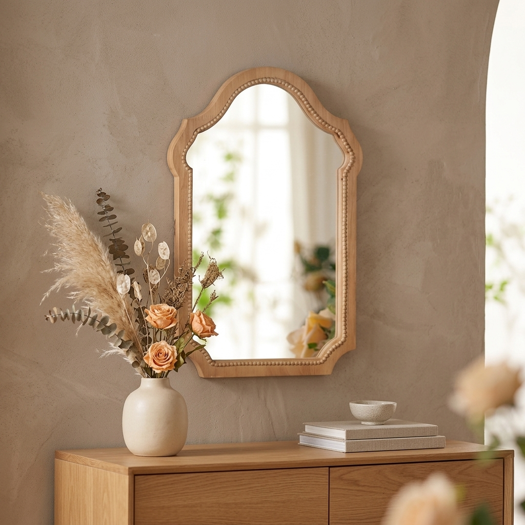 Arched wood-framed wall mirror with beaded trim hung above a console table