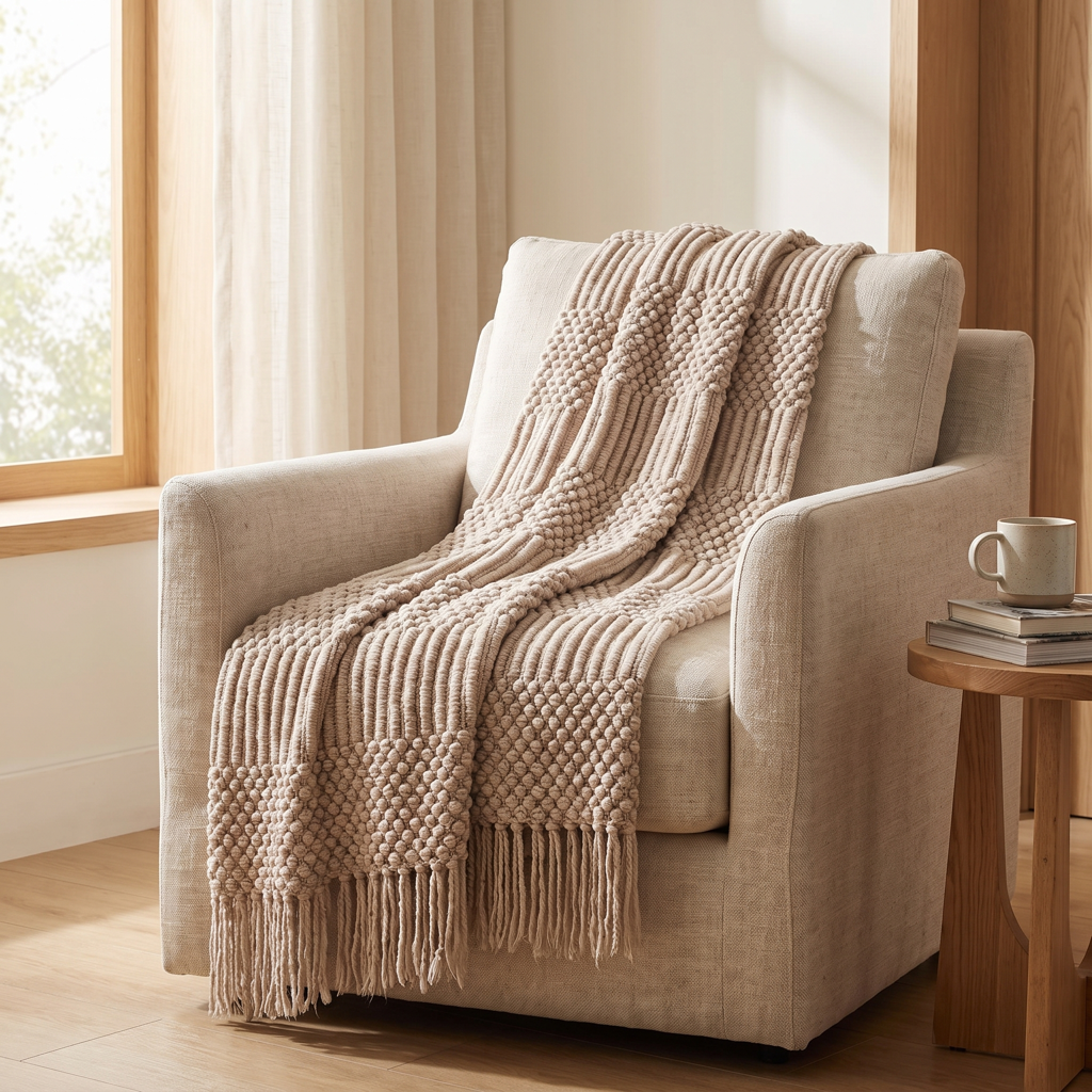 Nordic chunky knit throw blanket in warm khaki draped over an armchair