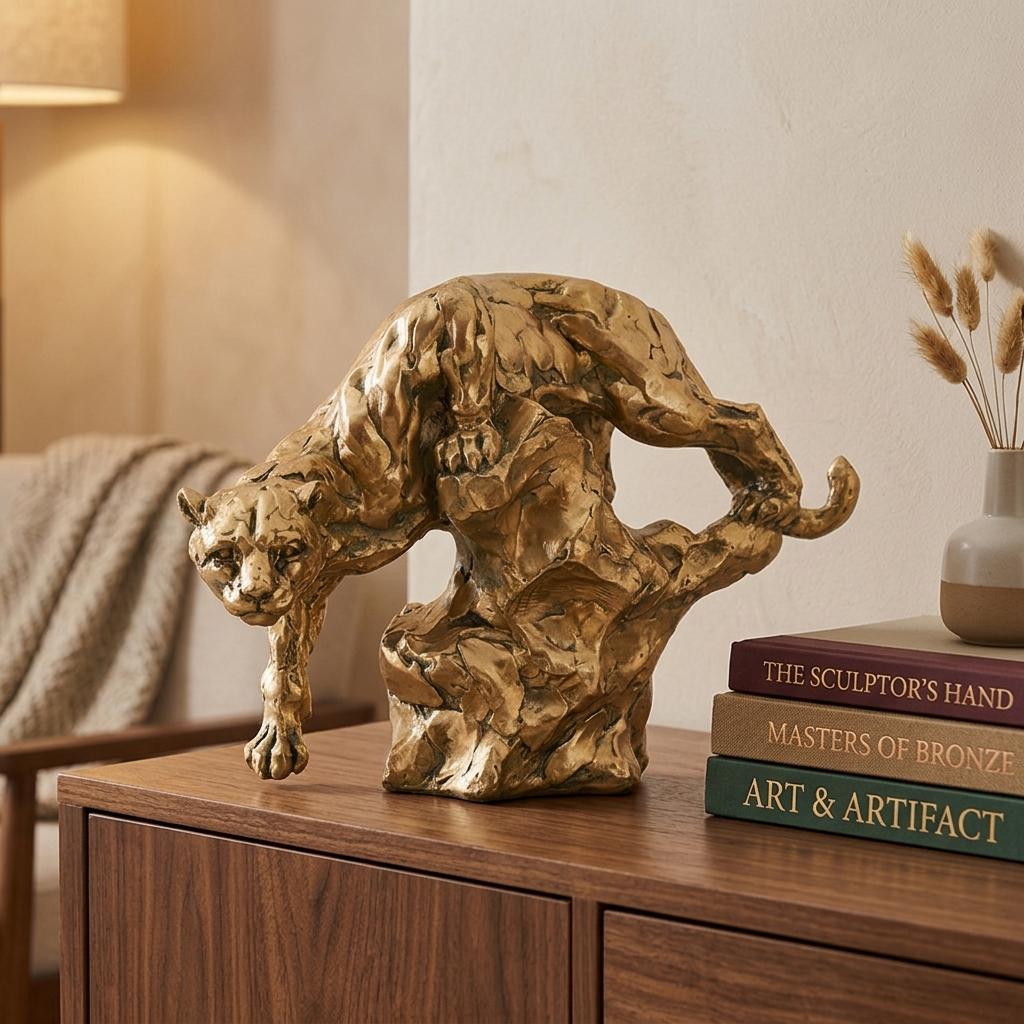 Gold resin panther sculpture styled on a sideboard as part of a warm-metal decor scheme