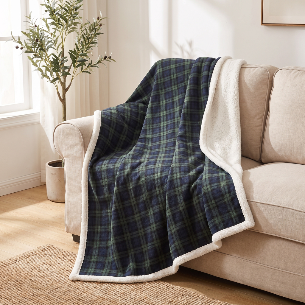 Plaid sherpa throw blanket with tartan pattern and fleece backing draped over a sofa