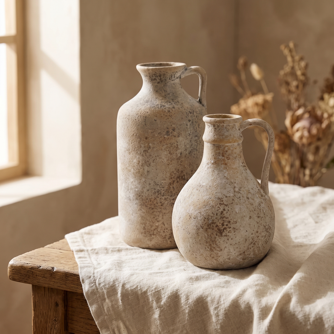 Rustic wabi-sabi ceramic vases in two matte shapes on a shelf, the imperfect handmade beauty at the heart of wabi-sabi decor