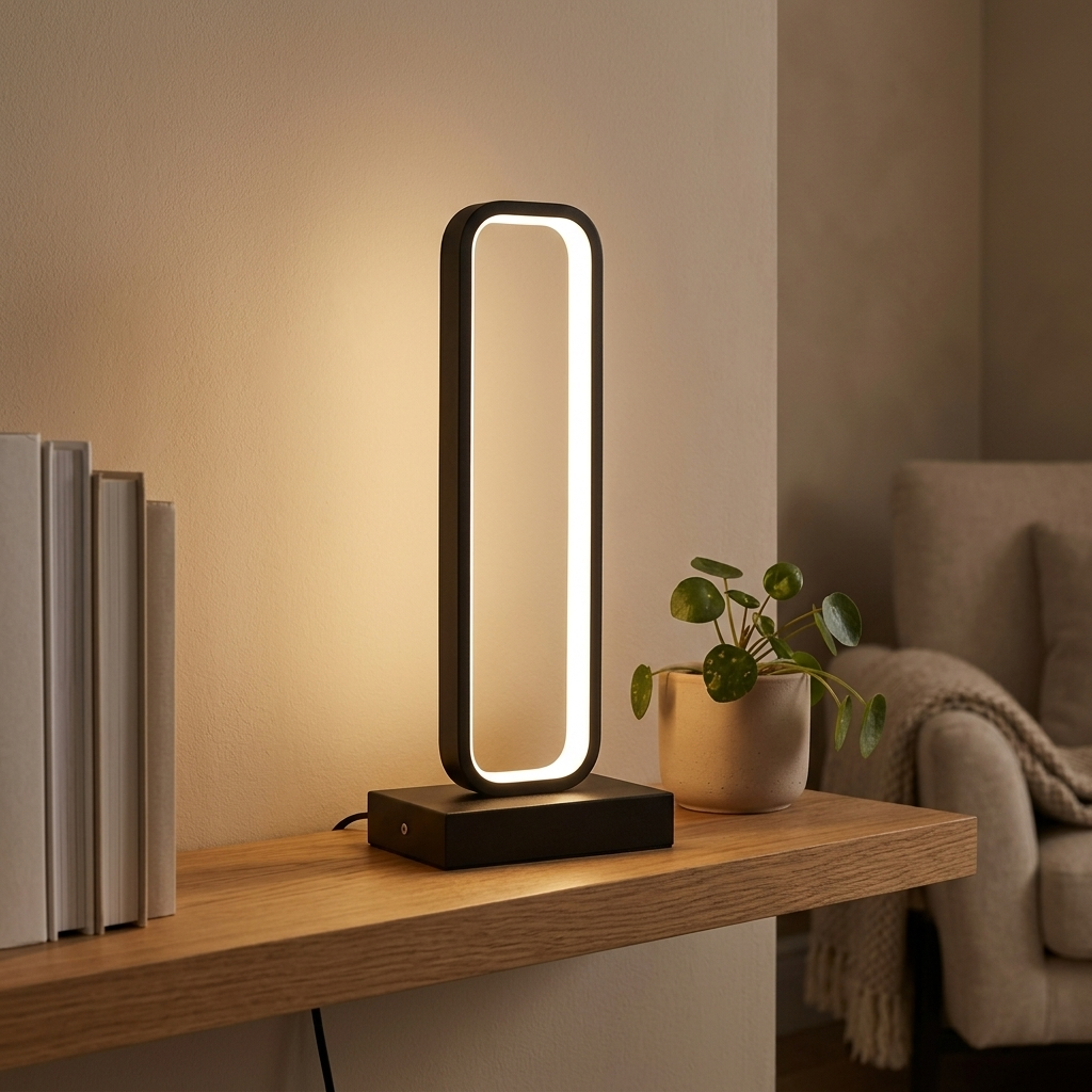 Nordic LED Frame Table Lamp positioned on a shelf beside a home office desk for front-fill lighting