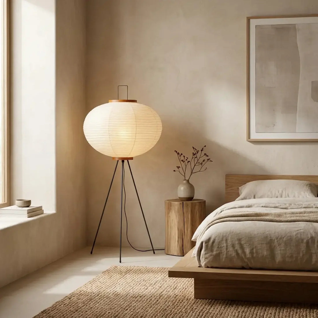 Rice paper lantern floor lamp with an E27 socket rated up to 60 watts, shown lit with a warm-white LED bulb