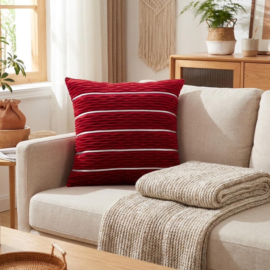 Pleated velvet pillow cover with ribbed texture styled on a sofa