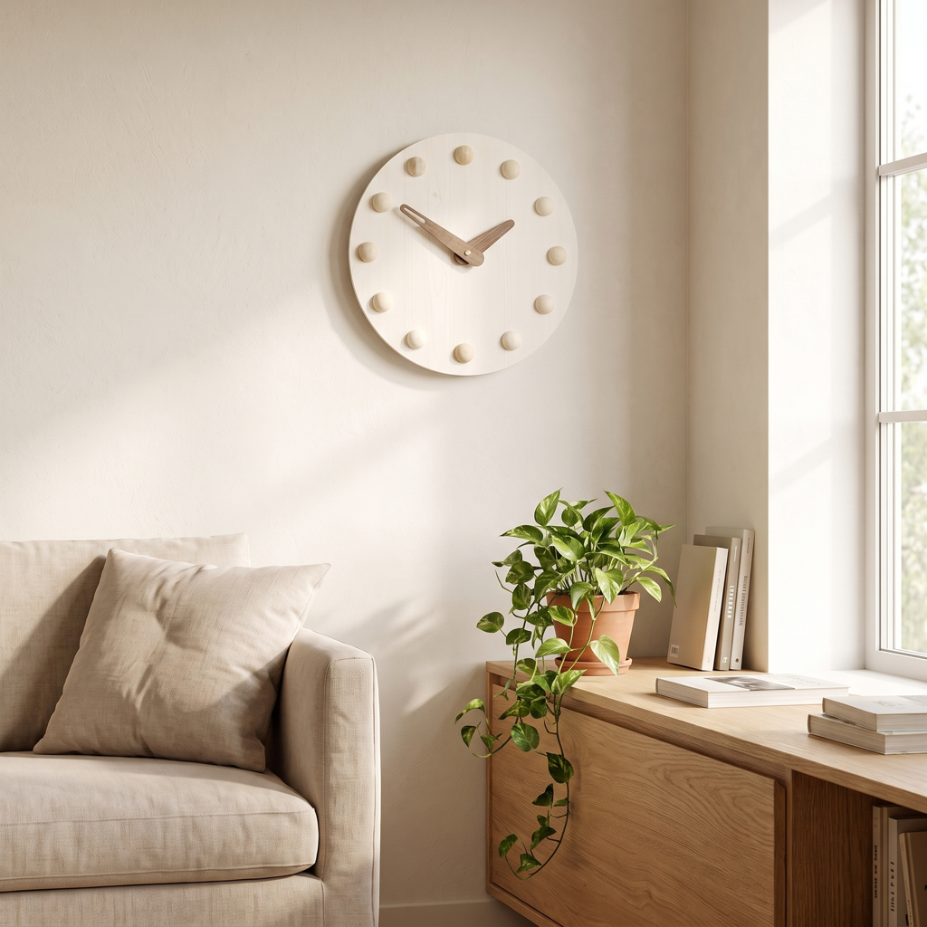 Nordic Wood Wall Clock, a large 14-inch round silent sweep clock in a light wood finish