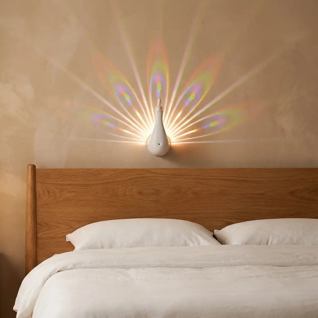 Warm Shelf wall sconces collection — 3D peacock LED sconce above oak headboard with linen bedding