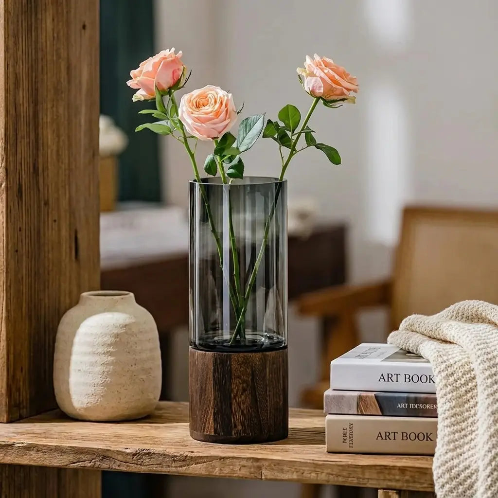 Warm Shelf best sellers collection — Light-Luxe Retro Glass Vase on travertine coffee table