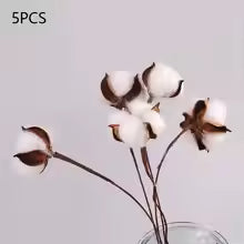 Faux cotton stems styled in a ceramic vase on a neutral shelf