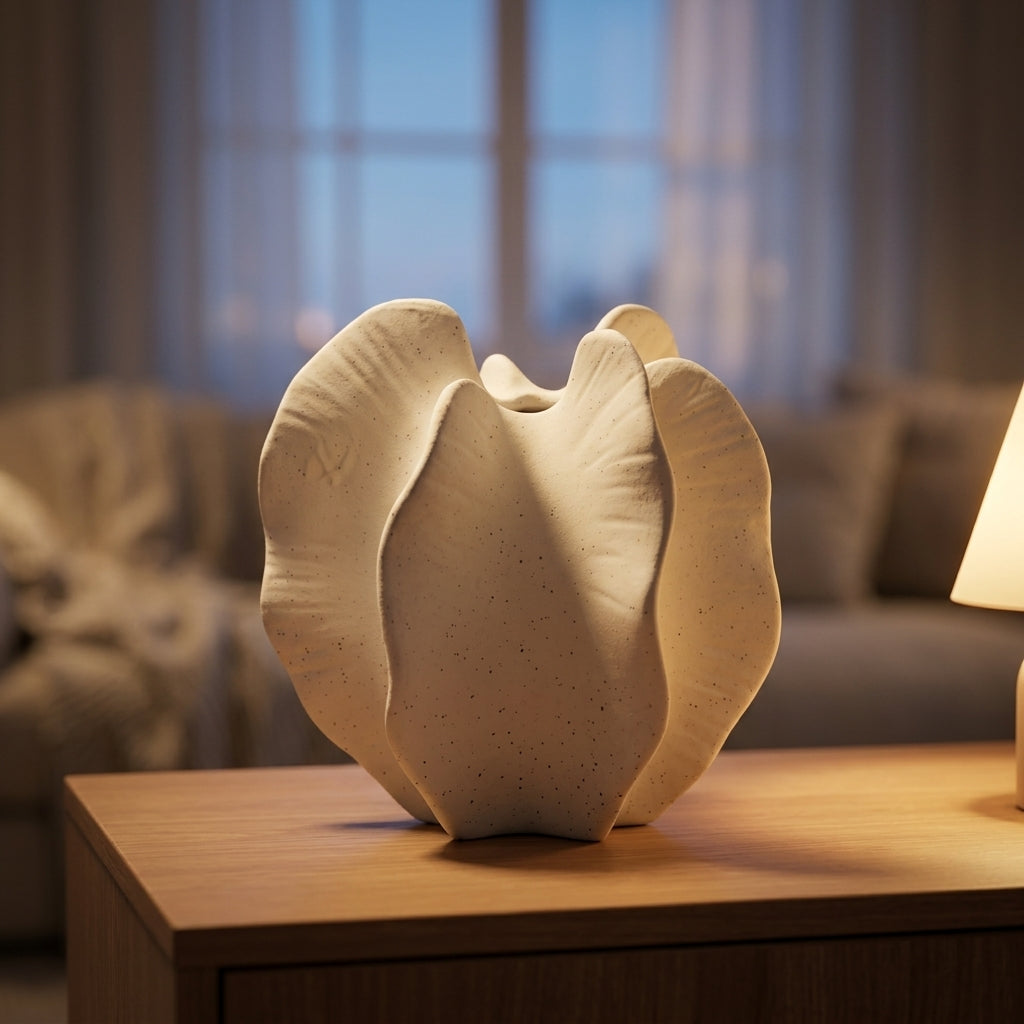 Cream ceramic bloom vase on a sideboard in a warm, cozy living room at dusk
