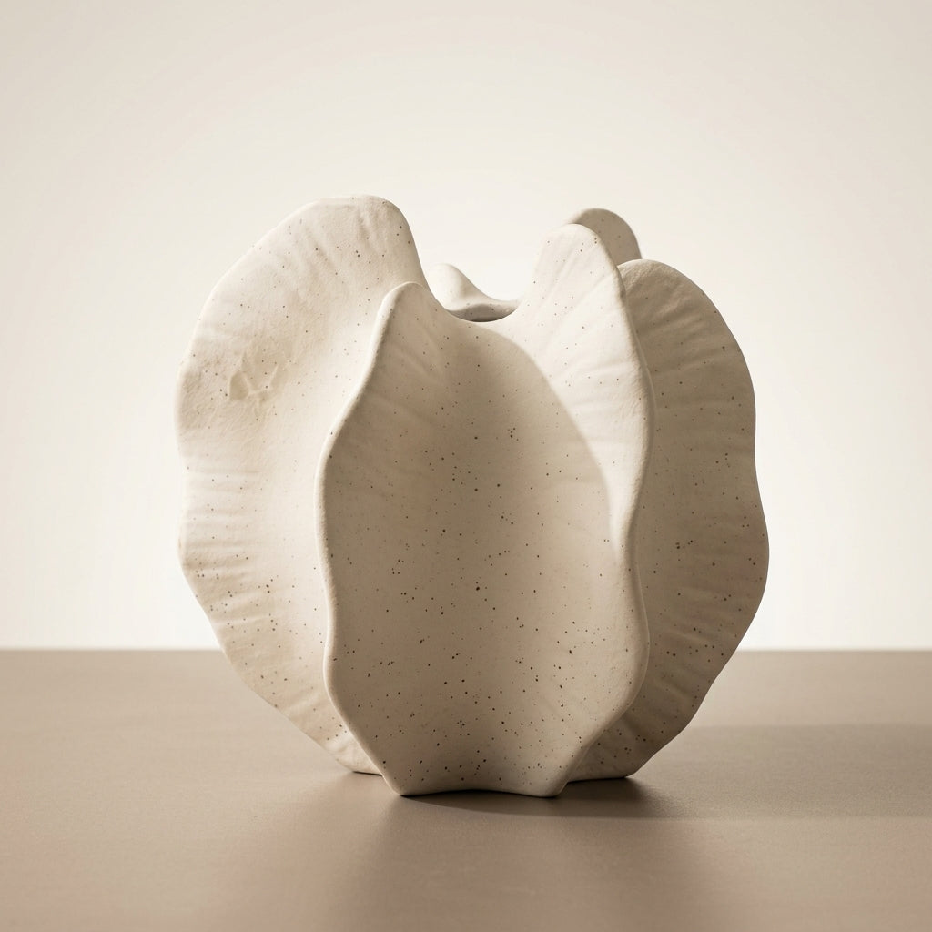 Cream matte ceramic sculptural bloom-form vase, low three-quarter hero angle on a warm-taupe surface