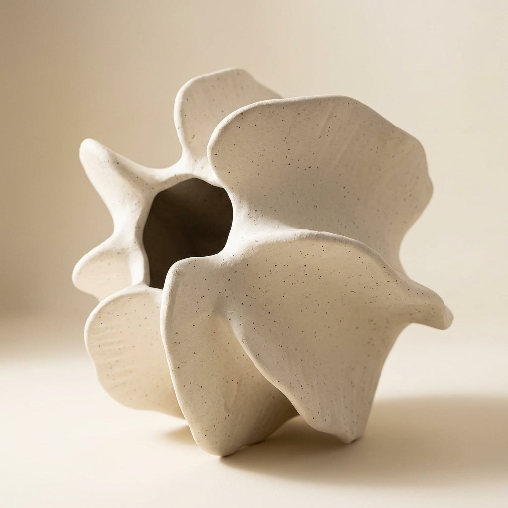 Close-up of the matte speckled cream ceramic surface and ruffled petal edges of the bloom vase