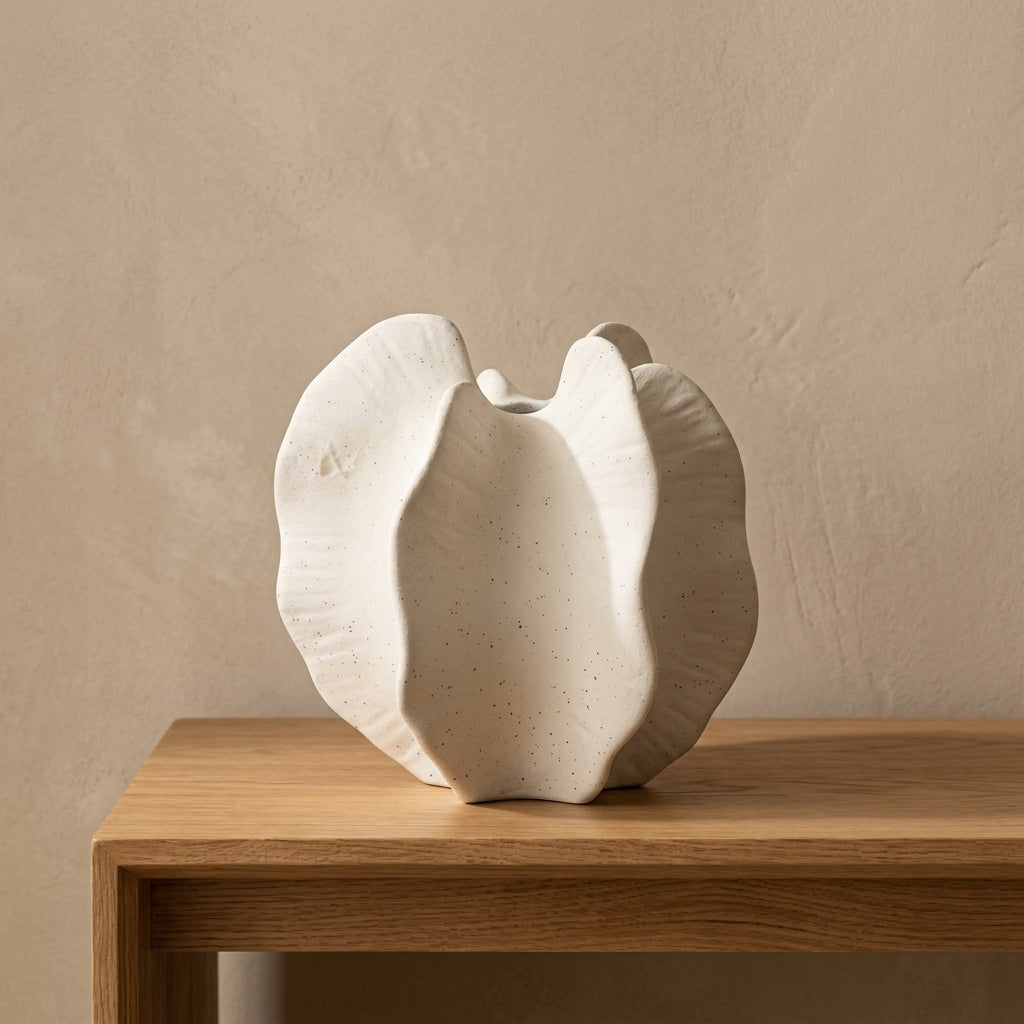 Cream ceramic sculptural bloom vase styled on a warm oak console table