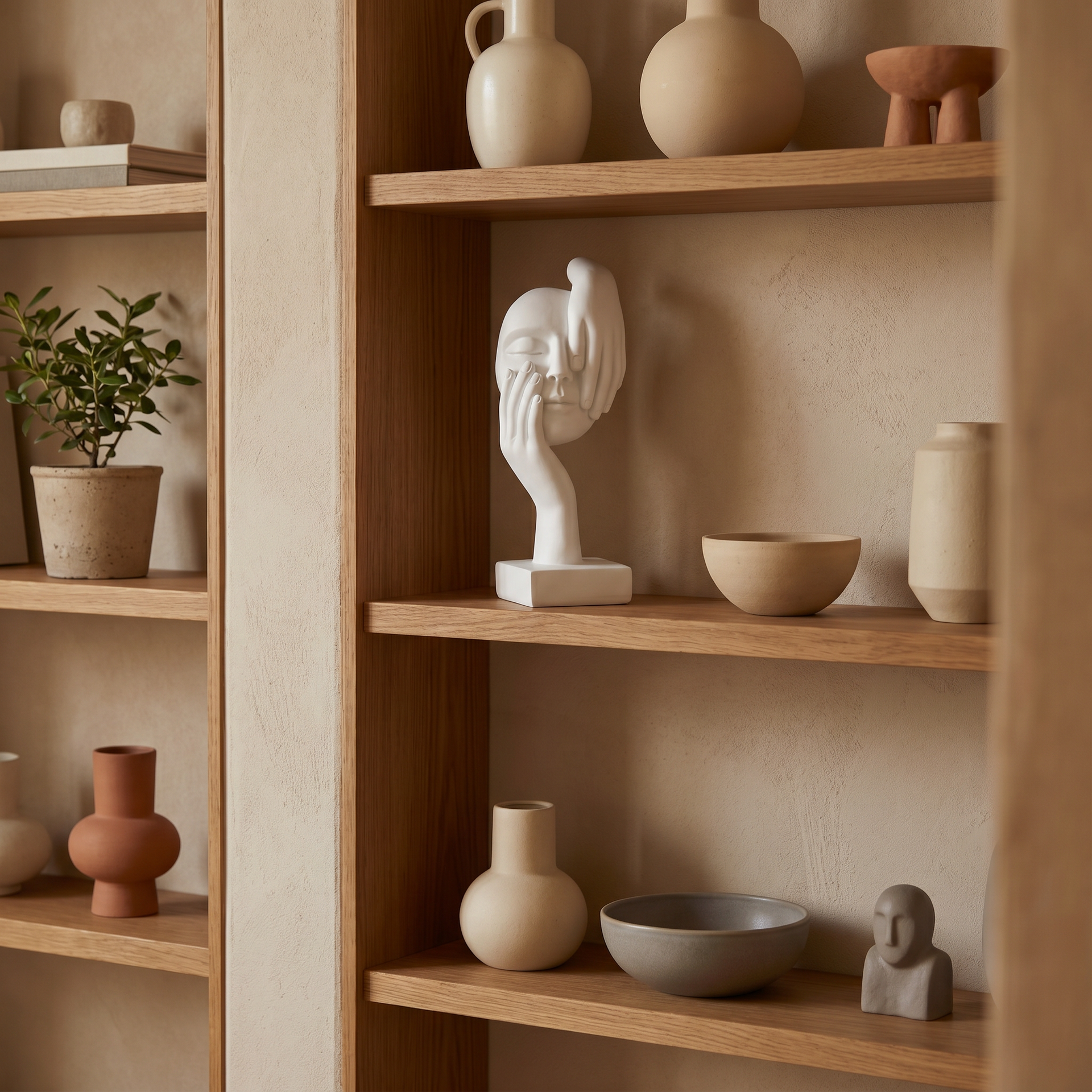 Black resin face figurine on a wooden desk in a home office
