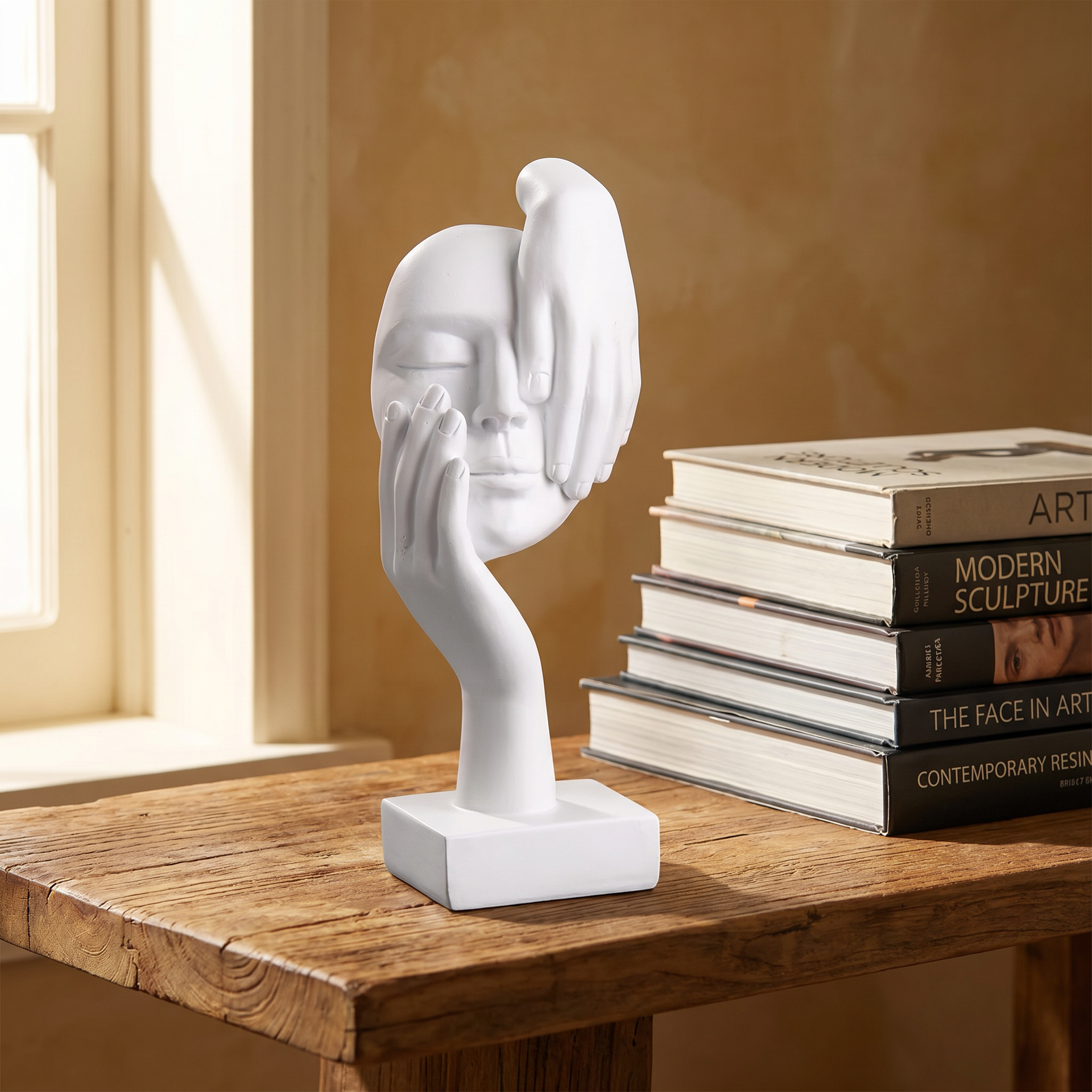 Sculptural face ornament resting on a stack of art books