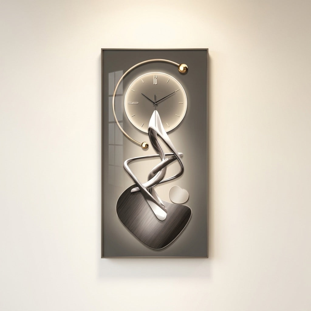 Abstract art-panel wall clock, portrait protective face with dark champagne frame, gold-tone arc dial and chrome ribbon motif on grey gradient background