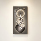 Abstract art-panel wall clock, portrait protective face with dark champagne frame, gold-tone arc dial and chrome ribbon motif on grey gradient background
