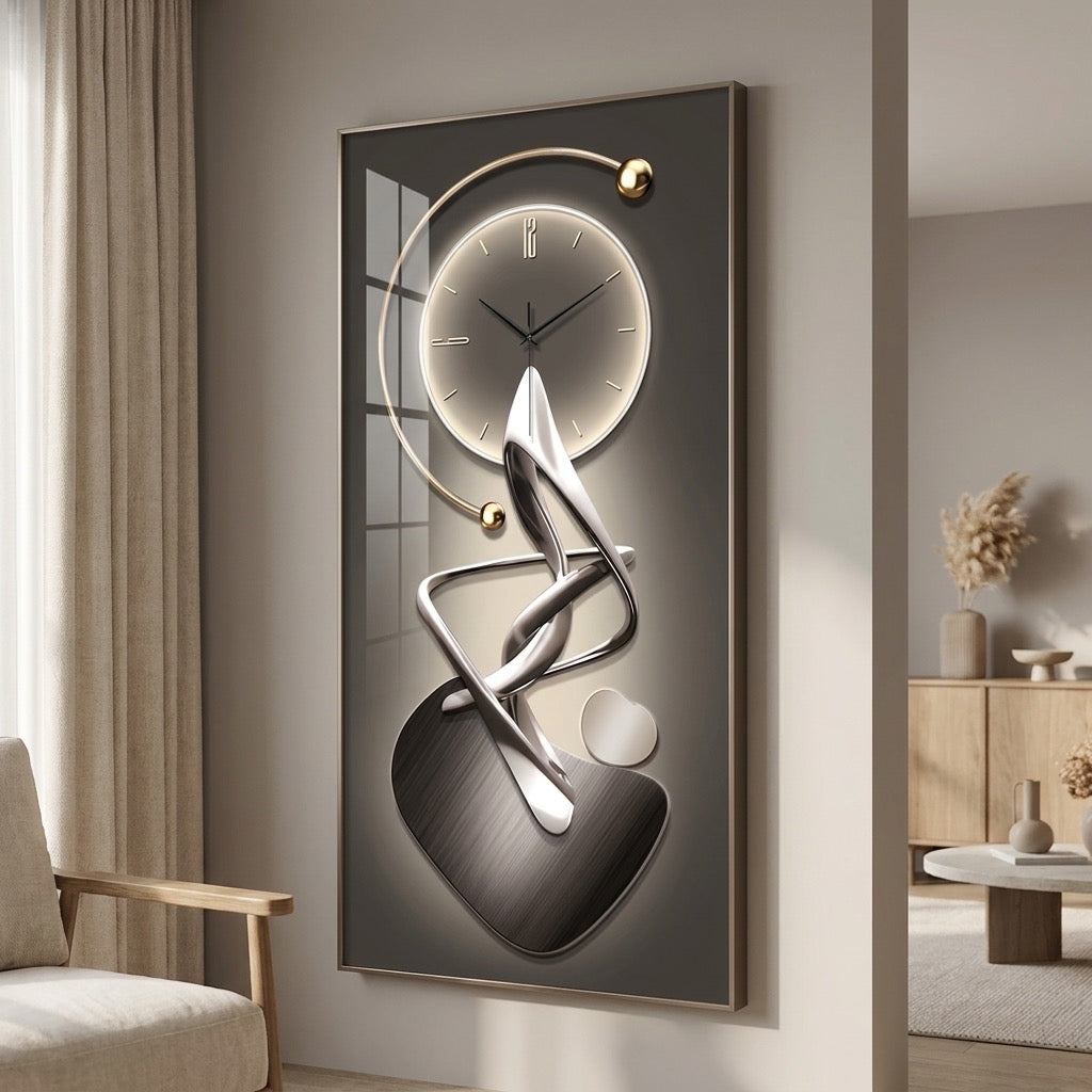 Abstract art-panel wall clock styled above a living-room sofa as a focal point