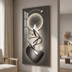 Abstract art-panel wall clock styled above a living-room sofa as a focal point