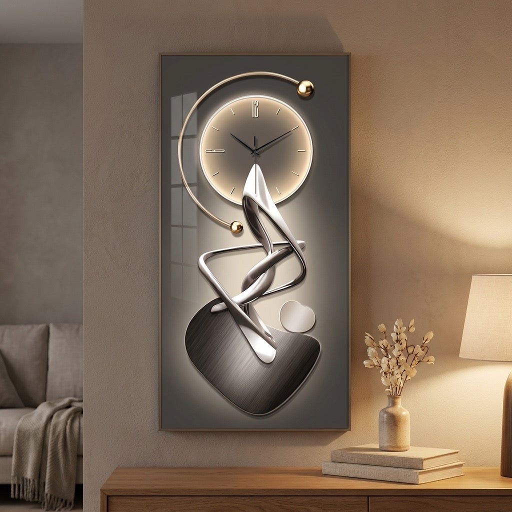 Portrait abstract wall clock with chrome ribbon art and gold-tone arc dial in a modern interior