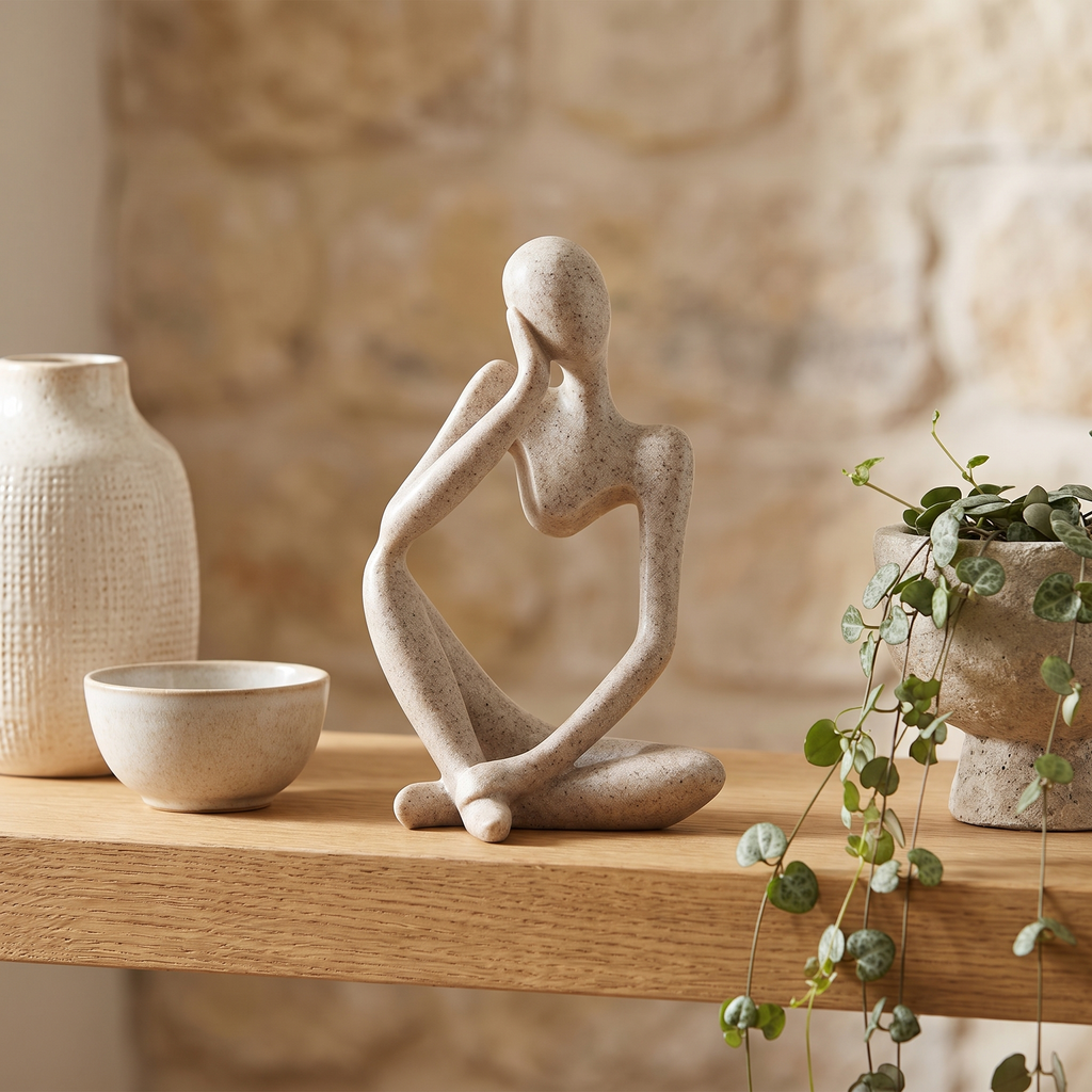 Abstract Thinker resin figurine on a neutral open shelf