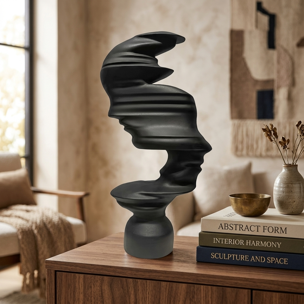 Black abstract mask-profile resin sculpture on a console beside art books