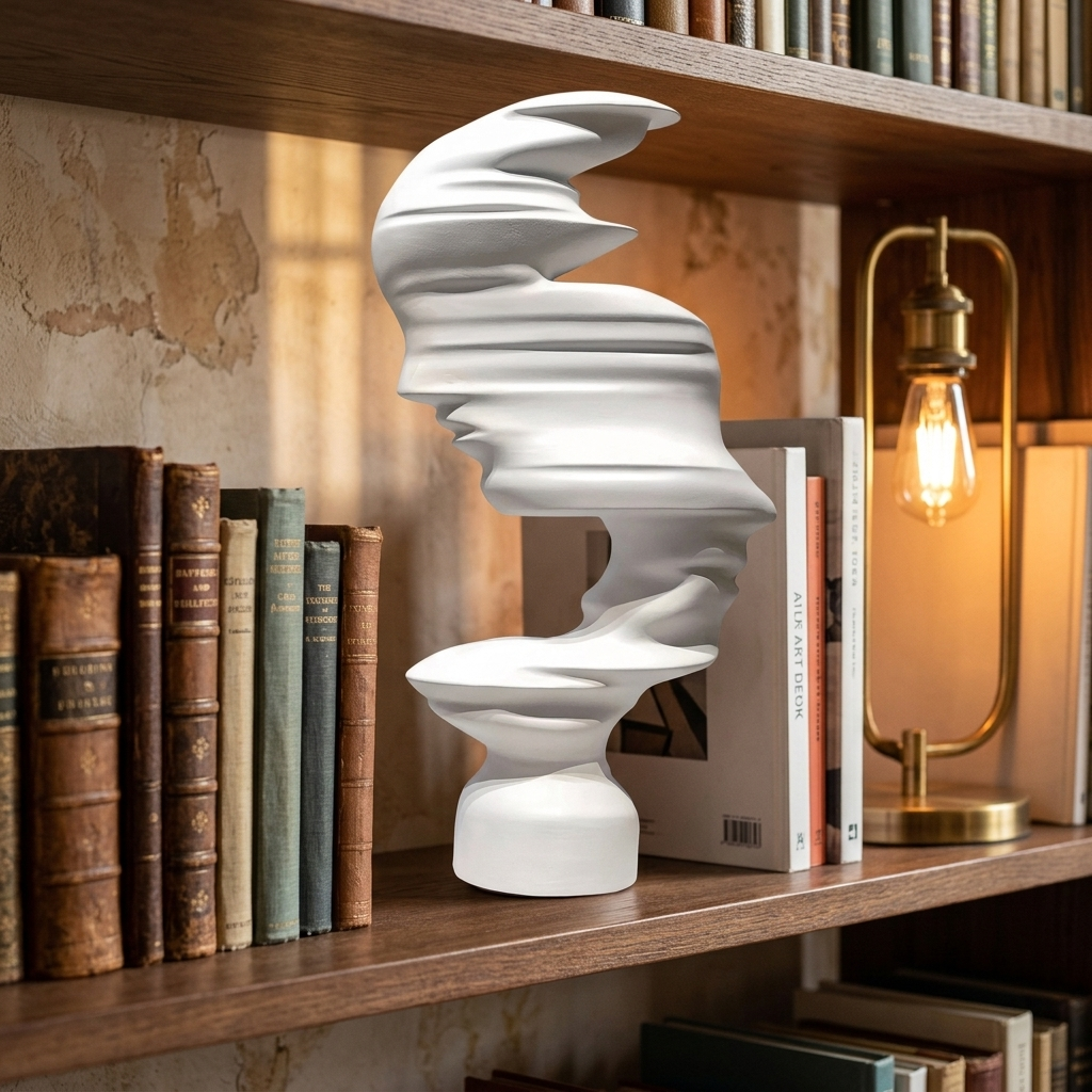 White abstract mask-profile resin sculpture on a bookcase shelf