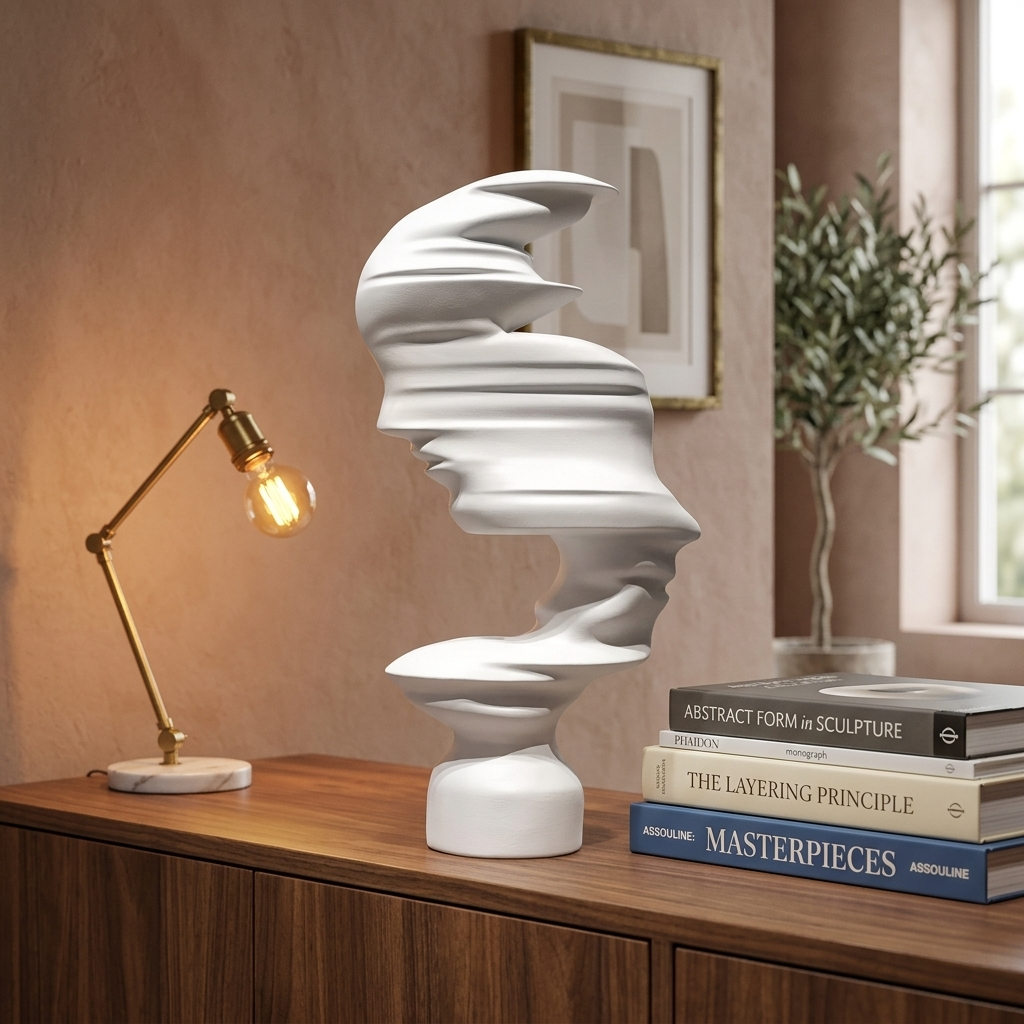 White abstract mask-profile resin sculpture on a wooden sideboard