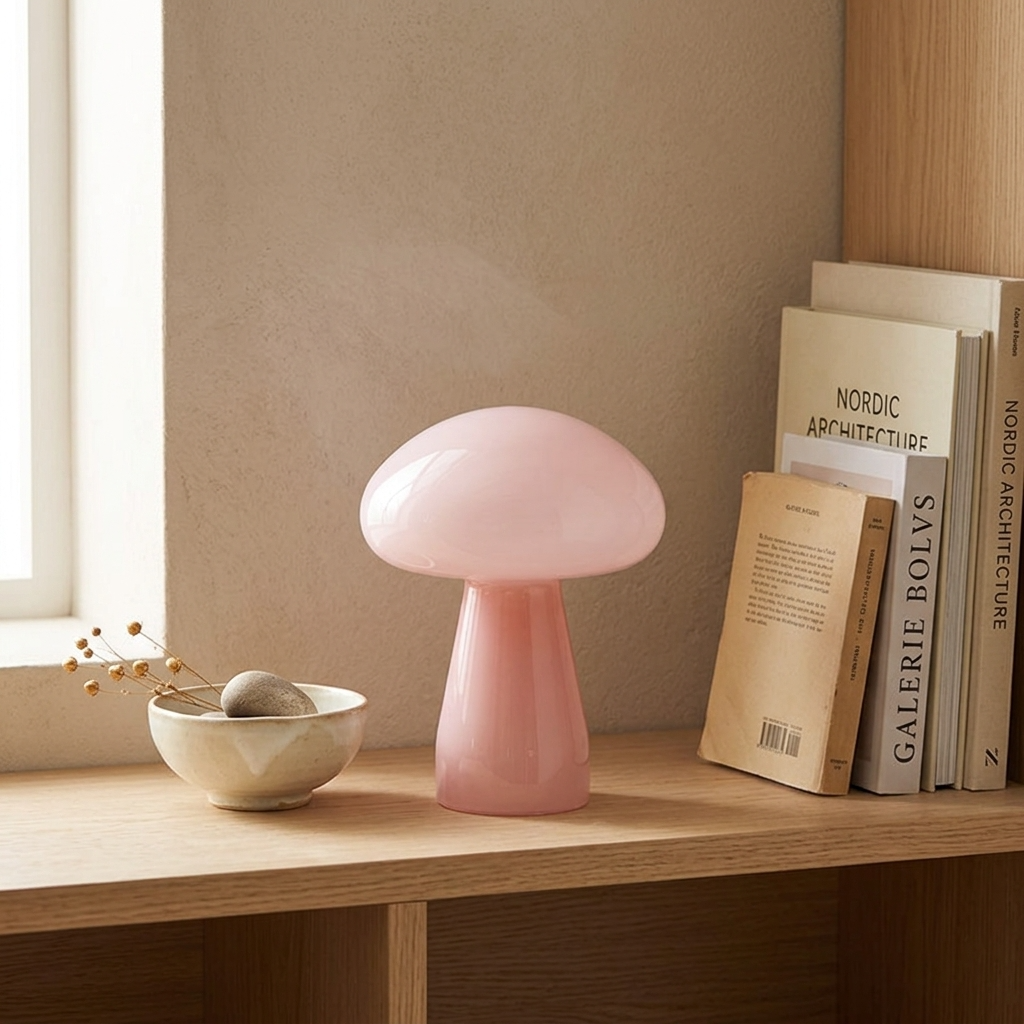 Pink glass mushroom atmosphere table lamp on a wooden shelf beside books and a ceramic bowl