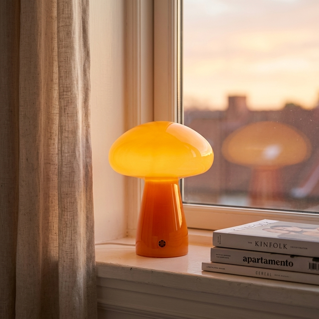 Orange glass mushroom table lamp glowing on a windowsill beside a linen curtain at sunset