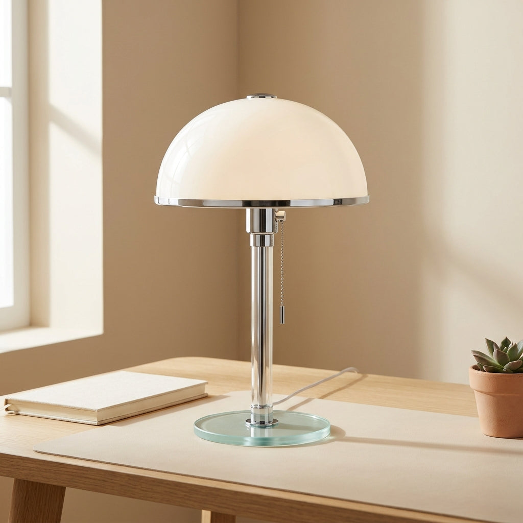 Bauhaus dome table lamp with milky-white opal-glass shade, chrome-and-glass stem, and tinted round glass base on a desk