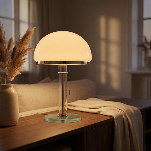 Detail of the chrome-and-clear-glass stem and pull-chain switch on the Bauhaus dome lamp