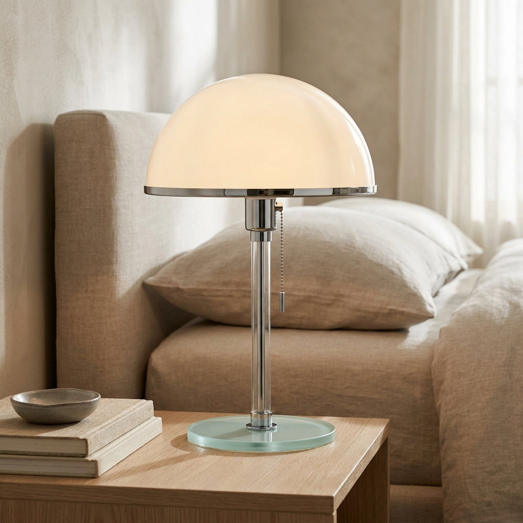 Bauhaus dome table lamp casting a warm ambient glow in a living room setting