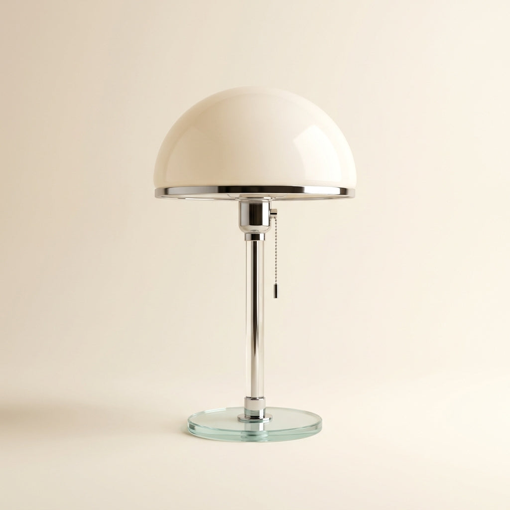 Bauhaus opal-glass dome table lamp with chrome stem and glass base in a minimalist interior