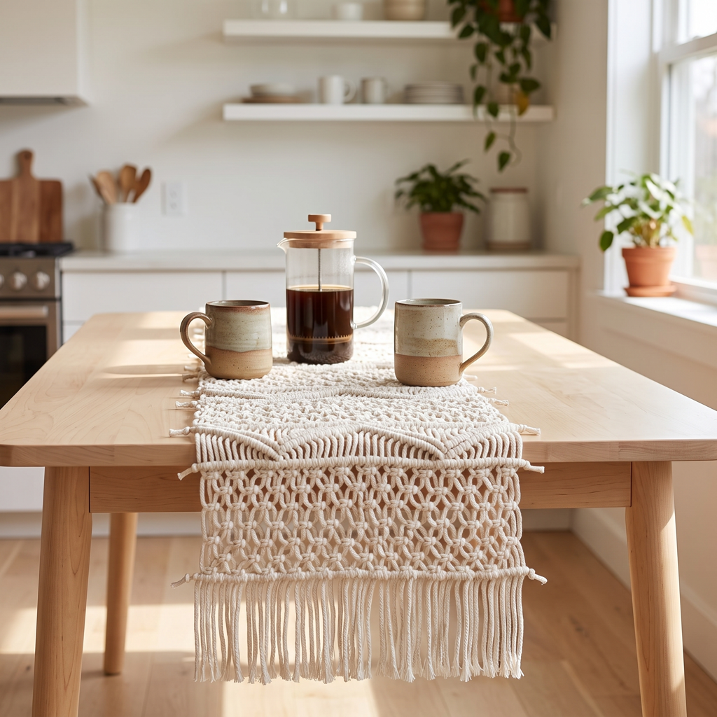 Cream bohemian macramé runner on a light birch table with mugs and a French press