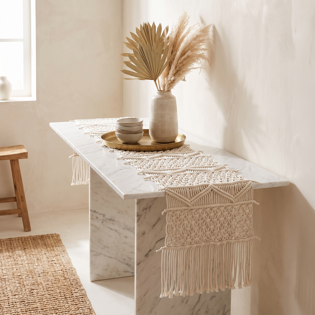 Cream bohemian macramé runner on a marble console with a brass tray and dried palm