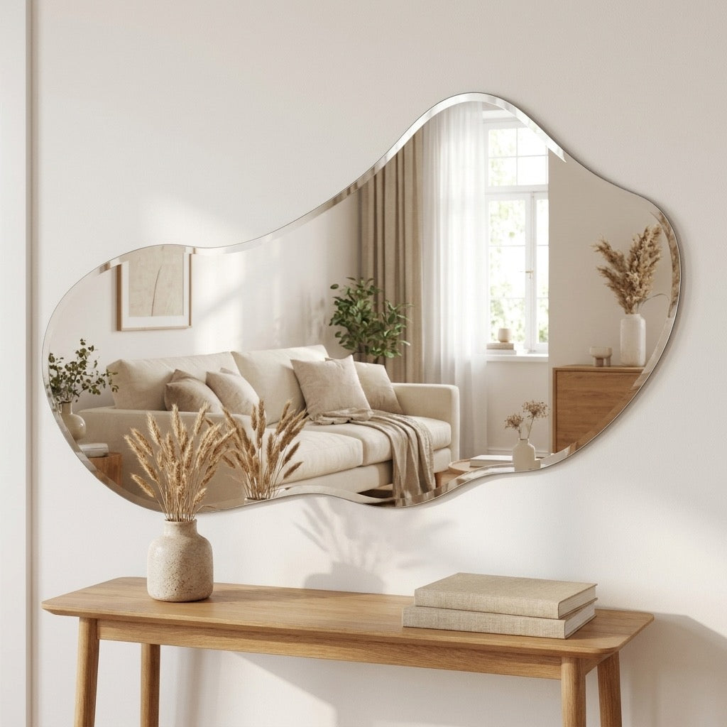 Close-up of the thin polished edge of the frameless silver mirror